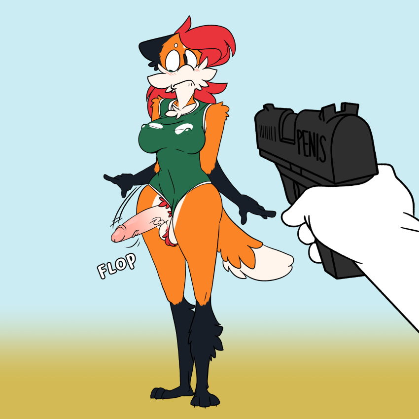 1:1 anthro ball_tuft balls big_penis blush breasts camel_toe canid canine clothed clothing clothing_aside dialogue digital_media_(artwork) duo embarrassed embarrassed_nude_exposure english_text erection fox fur genitals gun gynomorph hair handgun hi_res holding_object holding_weapon humanoid_genitalia humanoid_penis intersex looking_at_genitalia mammal nipple_outline one-piece_swimsuit onomatopoeia outside penis pepper_(sketchytoasty) pistol pubes ranged_weapon simple_background sketchytoasty solo_focus sound_effects standing surprise surprise_penis swimwear swimwear_aside text thick_thighs tuft weapon worried