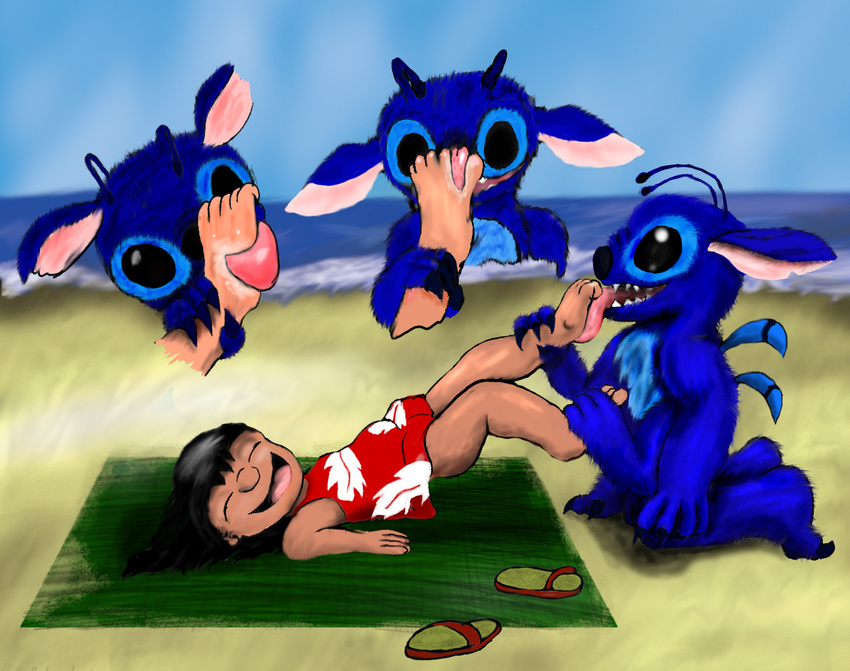 alien anthro beach black_eyes black_sclera claws digital_media_(art) dirtyclosetent disney female hindpaw human kneeling licking lilo lilo_and_stitch lying male mammal on_back open_mouth outside paws plantigrade sea seaside shrimp stitch straight toe_claws tongue tongue_out water
