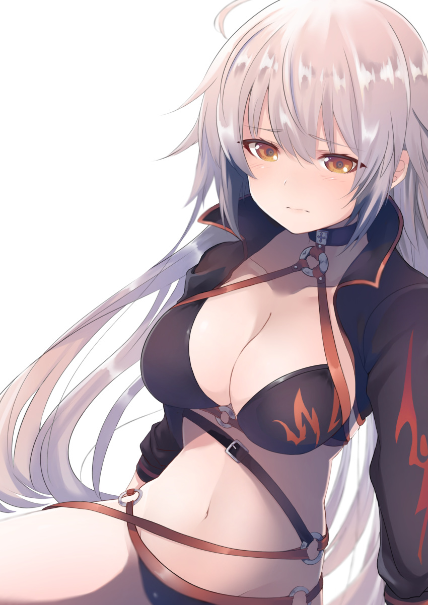 absurdres ahoge arms_at_sides bangs belt belt_buckle bikini black_belt black_bikini black_choker black_jacket blush breasts buckle choker cleavage closed_mouth collarbone commentary_request cropped_jacket dyson_(edaokunnsaikouya) eyebrows_visible_through_hair fate/grand_order fate_(series) groin hair_between_eyes halter_top halterneck highres hips jacket jeanne_d'arc jeanne_d'arc_(alter)_(fate) jeanne_d'arc_(alter)_(fate) jeanne_d'arc_(alter_swimsuit_berserker) jeanne_d'arc_(fate)_(all) large_breasts long_hair long_sleeves looking_at_viewer navel o-ring o-ring_belt o-ring_bikini o-ring_bottom o-ring_top shrug_(clothing) sidelocks silver_hair sitting solo swimsuit swimsuits very_long_hair waist white_background yellow_eyes