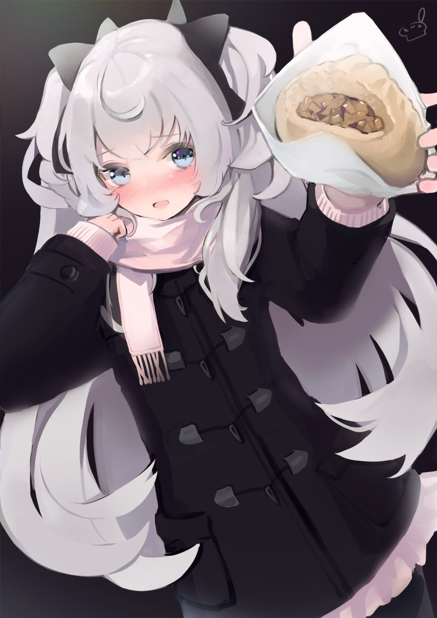 1girl absurdres baozi black_legwear blue_eyes food grey_hair highres indie_virtual_youtuber jacket long_hair looking_at_viewer pantyhose retorillo scarf shanoa_(vtuber) silver_hair two_side_up virtual_youtuber