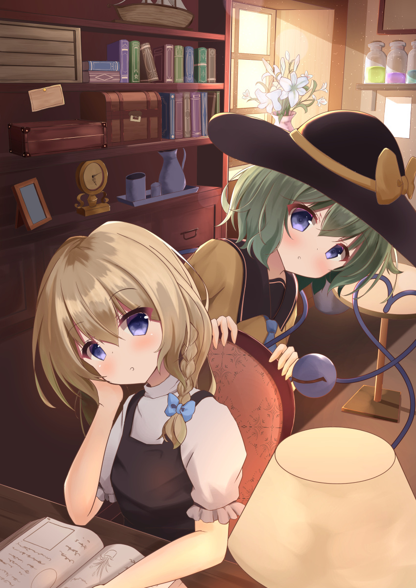 1girl 2girls :o absurdres apron bangs blonde_hair blue_bow blue_eyes blush book bow braid breasts day dress eyeball eyebrows_visible_through_hair flower frilled_dress frills green_hair hair_between_eyes hair_bow hand_on_own_cheek hand_on_own_face hands_up hat hat_ribbon heart heart_of_string highres indoors kirikaze_ren kirisame_marisa komeiji_koishi looking_at_viewer medium_hair multiple_girls no_hat no_headwear parted_lips purple_eyes ribbon shadow short_hair short_sleeves single_braid subterranean_animism sunlight third_eye touhou white_flower yellow_ribbon