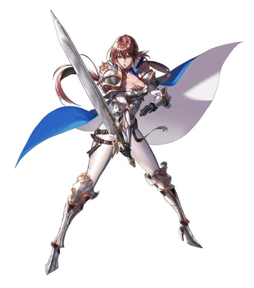 1girl absurdres armor belt black_survival bodysuit breastplate breasts brown_hair cleavage fiora_pellerin full_body greaves green_eyes hair_between_eyes high_heels highres large_breasts long_hair low_ponytail official_art parted_lips pauldrons ponytail shoulder_armor simple_background solo standing sword tachi-e transparent_background vambraces very_long_hair weapon