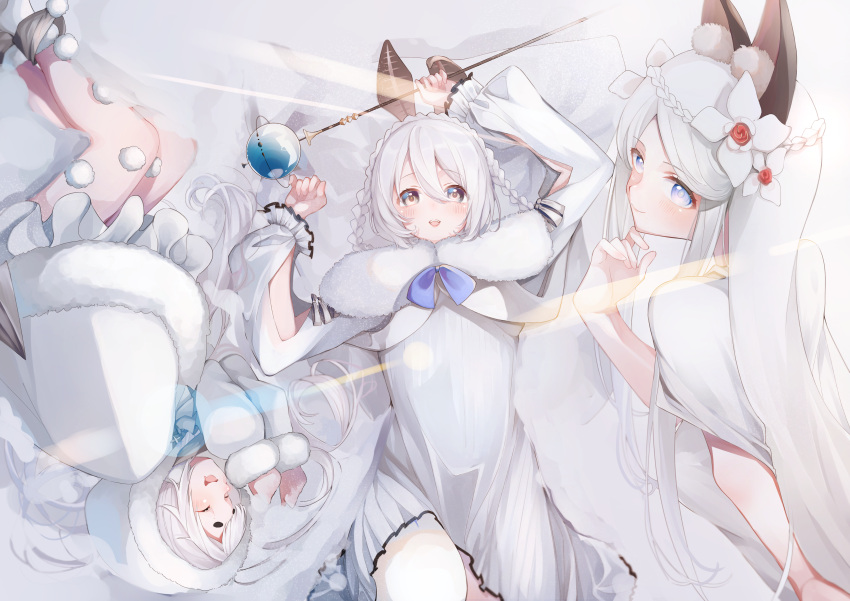 aliasing animal_ears braids long_hair staff tagme_(artist) tagme_(character) white_hair