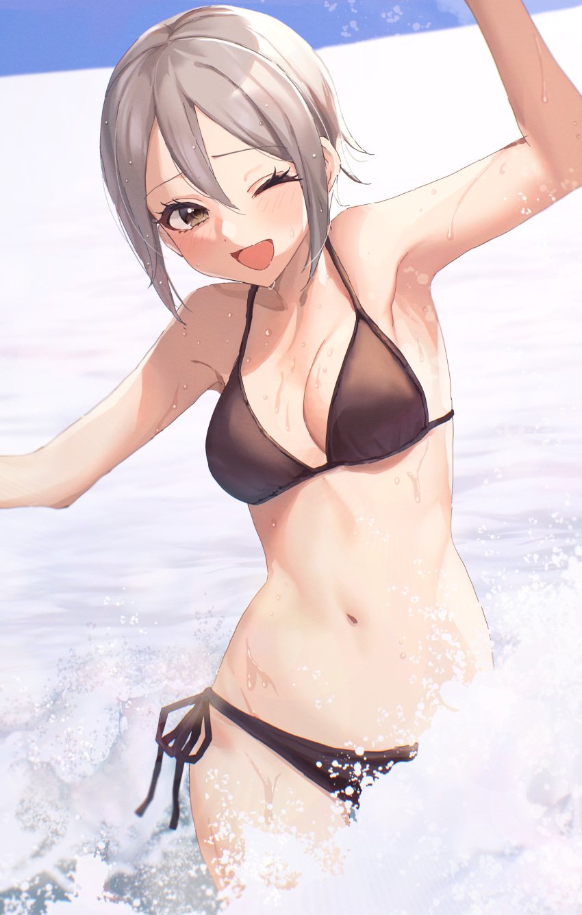 1girl ;d absurdres armpits arms_up bikini black_bikini black_ribbon blush breasts brown_eyes cleavage collarbone cowboy_shot highres idolmaster idolmaster_cinderella_girls kudou_(sikisiki0000) looking_at_viewer medium_breasts navel ocean one_eye_closed open_mouth ribbon shiomi_shuuko short_hair side-tie_bikini silver_hair smile solo splashing stomach swimsuit wading water wet