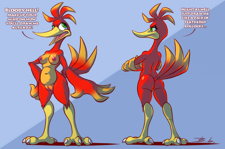 2018 anthro avian banjo-kazooie bassybefuddle beak bird bird_legs breasts breegull butt crossed_arms dialogue digital_drawing_(artwork) digital_media_(artwork) eyelashes feathers female frown genitals green_eyes kazooie navel nipples non-mammal_breasts nude open_mouth pose pussy rareware solo tail_feathers talons video_games