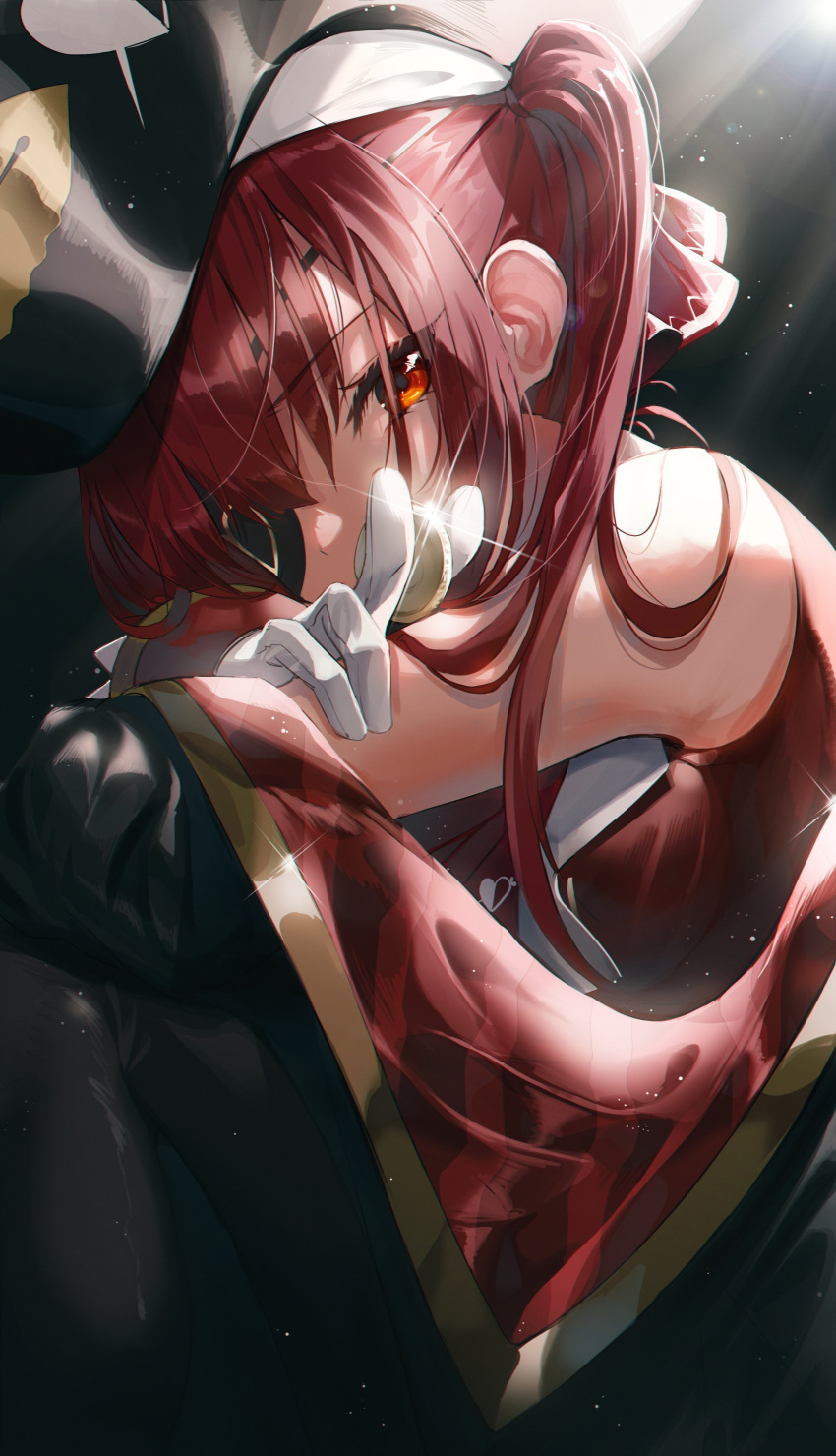 1girl absurdres black_headwear breasts coin eyebrows_visible_through_hair eyepatch gloves hat highres holding holding_coin hololive houshou_marine long_hair looking_at_viewer medium_breasts okazu_(eightstudio) pirate_hat red_eyes red_hair solo twintails virtual_youtuber white_gloves