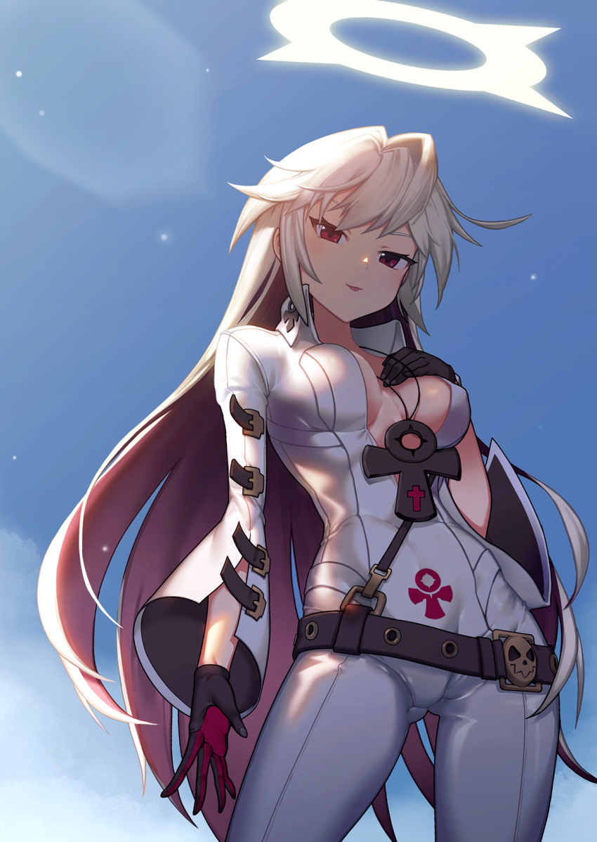 1girl ankh arm_at_side ass_visible_through_thighs belt breast_suppress breasts breasts_apart contrapposto covered_nipples cowboy_shot eyebrows_behind_hair from_below gloves groin guilty_gear half-closed_eyes halo hand_on_own_chest highres jack-o'_valentine jewelry jumpsuit k1_(erin22) long_hair looking_at_viewer medium_breasts multicolored_hair naughty_face necklace plunging_neckline red_eyes red_hair shade sidelocks skin_tight sky solo straitjacket sunlight tongue tongue_out tsurime two-tone_hair very_long_hair white_hair white_jumpsuit wide_sleeves wing_collar