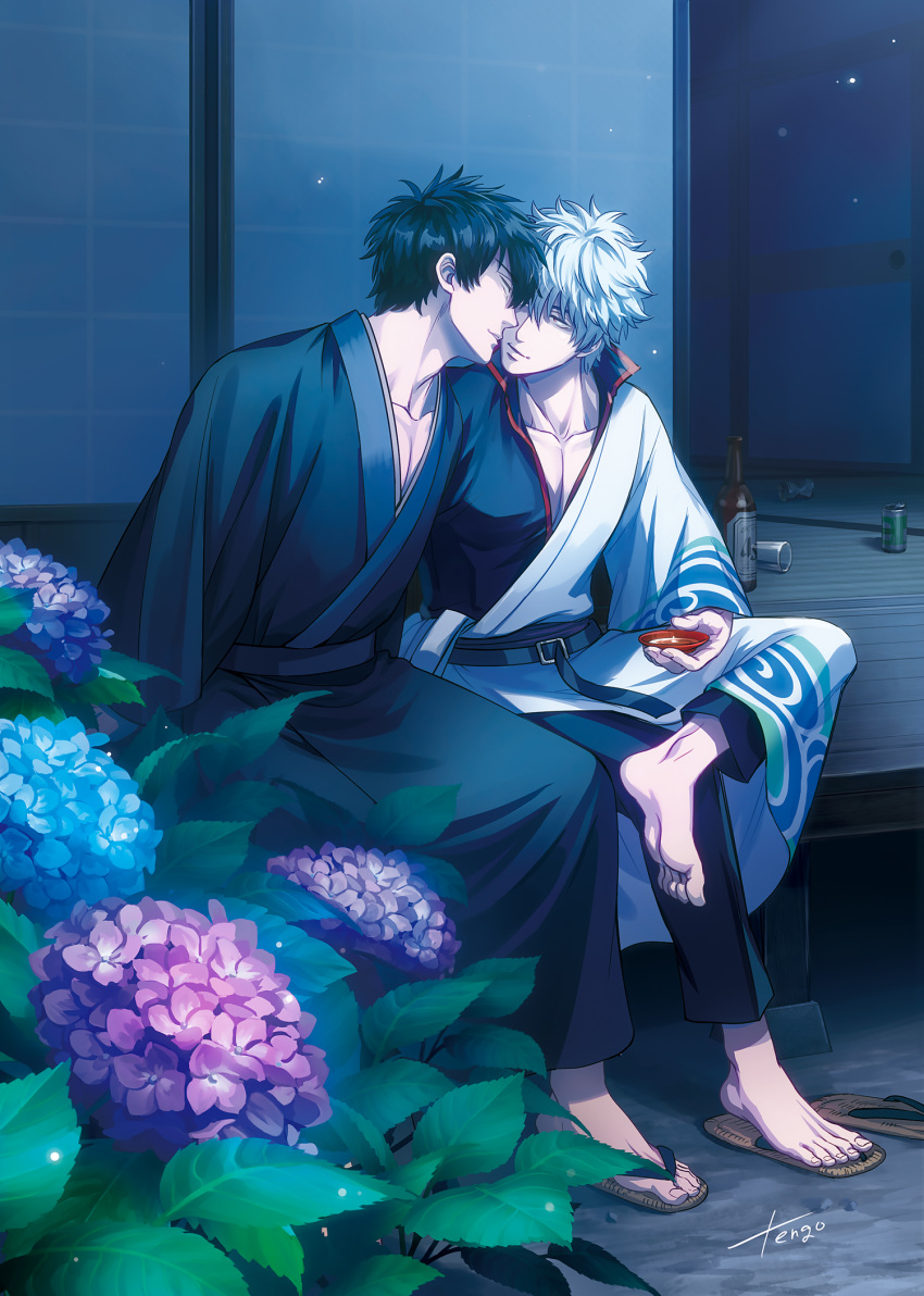 2boys alcohol barefoot black_kimono black_pants black_shirt blue_flower brown_footwear commentary_request cup flower gintama hadanugi_dousa highres hijikata_toushirou holding holding_cup hydrangea japanese_clothes kimono long_sleeves male_focus multiple_boys pants pink_flower purple_flower sakata_gintoki sakazuki sake shirt tengo_(metron) white_kimono wide_sleeves yaoi zouri