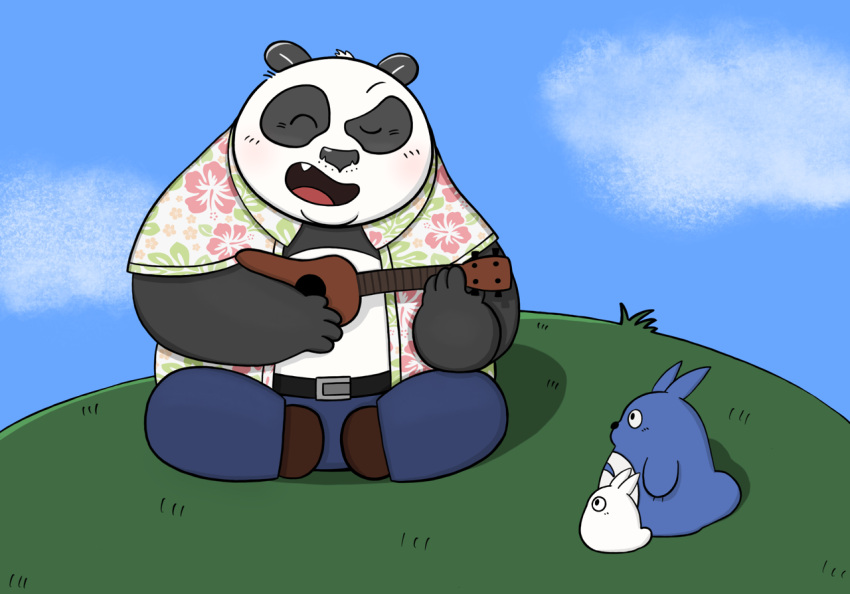 2019 anthro black_body black_fur black_nose blue_body blush bottomwear clothed clothing cute_fangs dreamworks eyes_closed fur ghibli giant_panda group kassis_orange kemono kung_fu_panda male mammal master_po_ping my_neighbor_totoro open_clothing open_shirt open_topwear outside overweight overweight_male pants shirt topwear ursid white_body white_fur