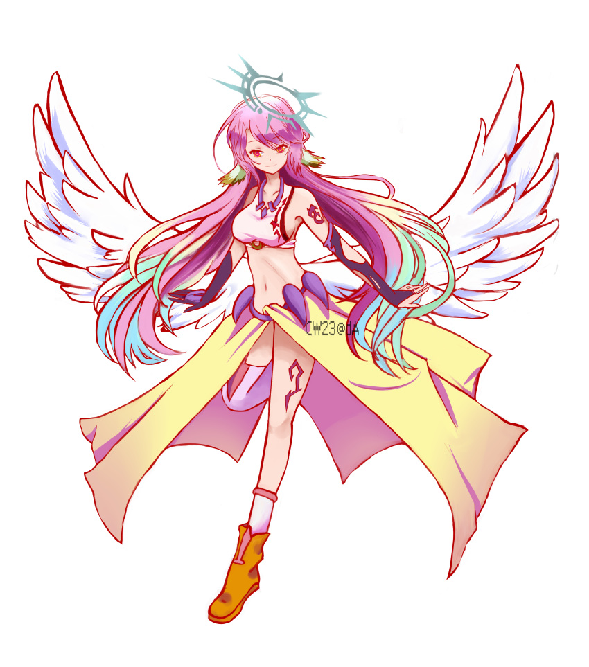 1girl absurdres angel_wings breasts brown_footwear elbow_gloves ella_zhao feathered_wings gloves halo highres jibril_(no_game_no_life) long_hair low_wings magic_circle midriff mismatched_legwear navel no_game_no_life outstretched_arms purple_hair red_eyes sideboob single_thighhigh small_breasts solo standing standing_on_one_leg thighhighs thighs transparent_background very_long_hair watermark white_wings wing_ears wings