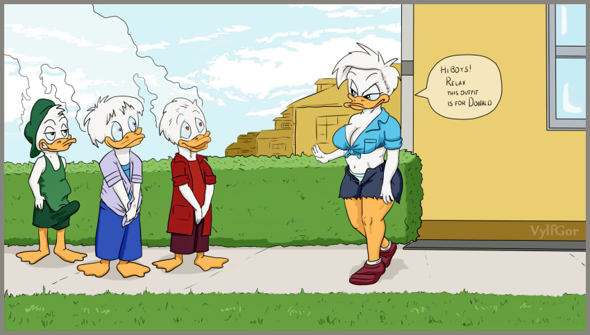 2021 age_difference anatid anseriform anthro avian big_breasts big_butt bird breasts bulge butt clothing daisy_duck dewey_duck disney duck embarrassed erection female genital_outline group hi_res huey_duck lawn looking_at_another louie_duck male mature_anthro mature_female older_female quack_pack tenting text vylfgor