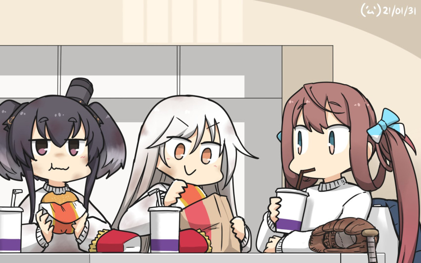 3girls asagumo_(kantai_collection) baseball baseball_bat baseball_mitt black_hair blush brown_hair closed_mouth dated drinking_straw eyebrows_visible_through_hair food french_fries grey_eyes hair_between_eyes hamburger hamu_koutarou highres holding holding_food kantai_collection kikuzuki_(kantai_collection) long_hair long_sleeves multiple_girls orange_eyes purple_eyes shirt smile tokitsukaze_(kantai_collection) twintails v-shaped_eyebrows white_hair white_shirt