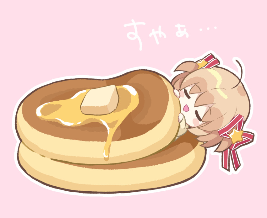 1girl blonde_hair butter closed_eyes commentary_request food hair_ornament hair_ribbon hoshimame_mana in_food kamikita_komari little_busters! lying oversized_food oversized_object pancake pink_background red_ribbon ribbon short_hair simple_background sleeping solo star_(symbol) star_hair_ornament translation_request