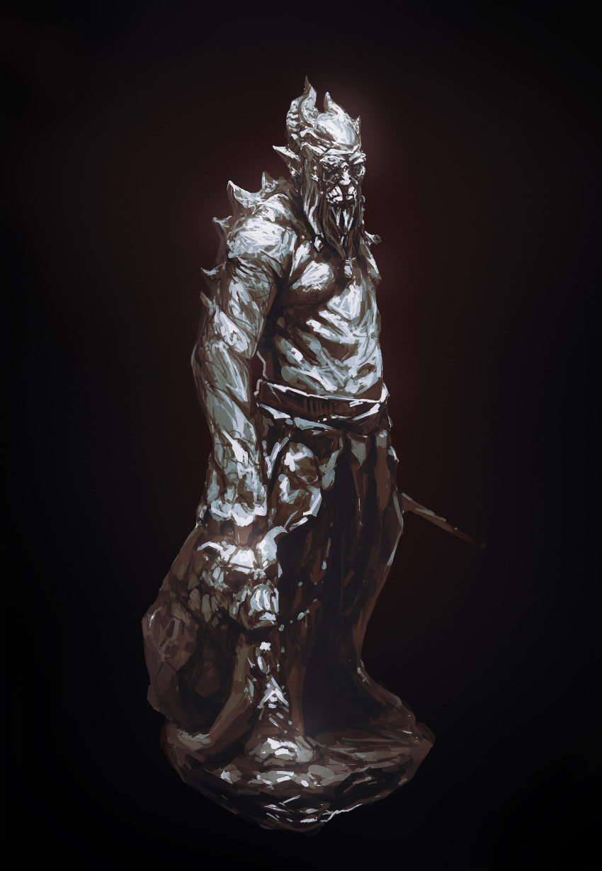 absurdres beard black_background commentary english_commentary facial_hair full_body highres holding holding_head holding_weapon horns kalmahul looking_at_viewer no_humans original pointy_ears realistic spikes standing statue sword weapon
