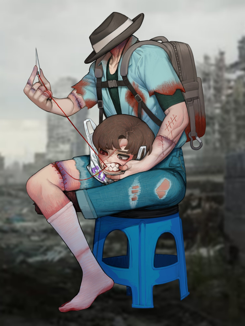 1boy amputee backpack bag black_eyes blood bloody_clothes blue_shirt blue_shorts blurry blurry_background brown_hair clenched_teeth colored_sclera denim denim_shorts depth_of_field disembodied_head grey_bag grey_headwear hat highres mismatched_sclera mouth_hold needle original post-apocalypse red_sclera ruins sewing_needle sharp_teeth shirt short_sleeves shorts sitting socks solo sparrowl stitched_face stitched_fingers stitched_hand stitched_leg stitching stool string teeth torn_clothes torn_shorts white_legwear zombie