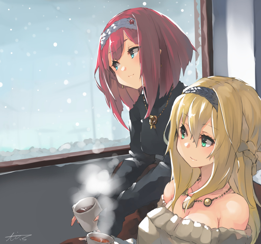 2girls alternate_costume ark_royal_(kantai_collection) black_tea blonde_hair blue_eyes blush braid closed_mouth collarbone cup dress eyebrows_visible_through_hair french_braid green_eyes hair_between_eyes hairband highres holding holding_cup jewelry kantai_collection long_hair long_sleeves multiple_girls necklace off-shoulder_dress off_shoulder red_hair short_hair signature smile snowing sunday_aki tea tiara warspite_(kantai_collection) white_dress