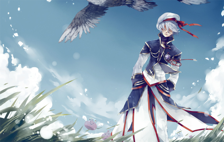 1boy alternate_color angel_wings angeling arms_behind_back bangs bird blue_jacket blue_sky brooch closed_mouth cloud cross cross_necklace day facing_viewer feathers full_body ghostring grass halo hat hat_ribbon high_priest_(ragnarok_online) jacket jewelry long_sleeves male_focus necklace no_eyes outdoors pants poring ragnarok_online red_ribbon ribbon sailor_hat sairin shirt short_hair sky slime_(creature) solo_focus standing white_hair white_headwear white_pants white_shirt wings