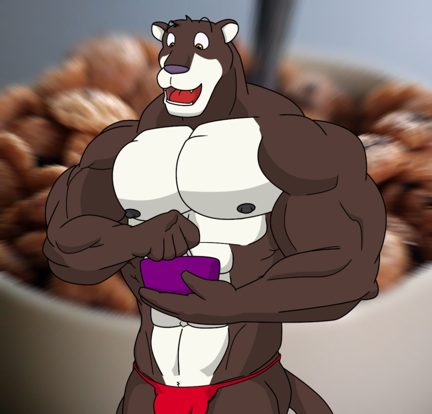 2009 black_body black_fur bowl chip_the_panther cookie_crisp countershading felid fur male mammal muscular muscular_male nipples pantherine photograph_background red_thong solo white_torso wolfoxokamichan