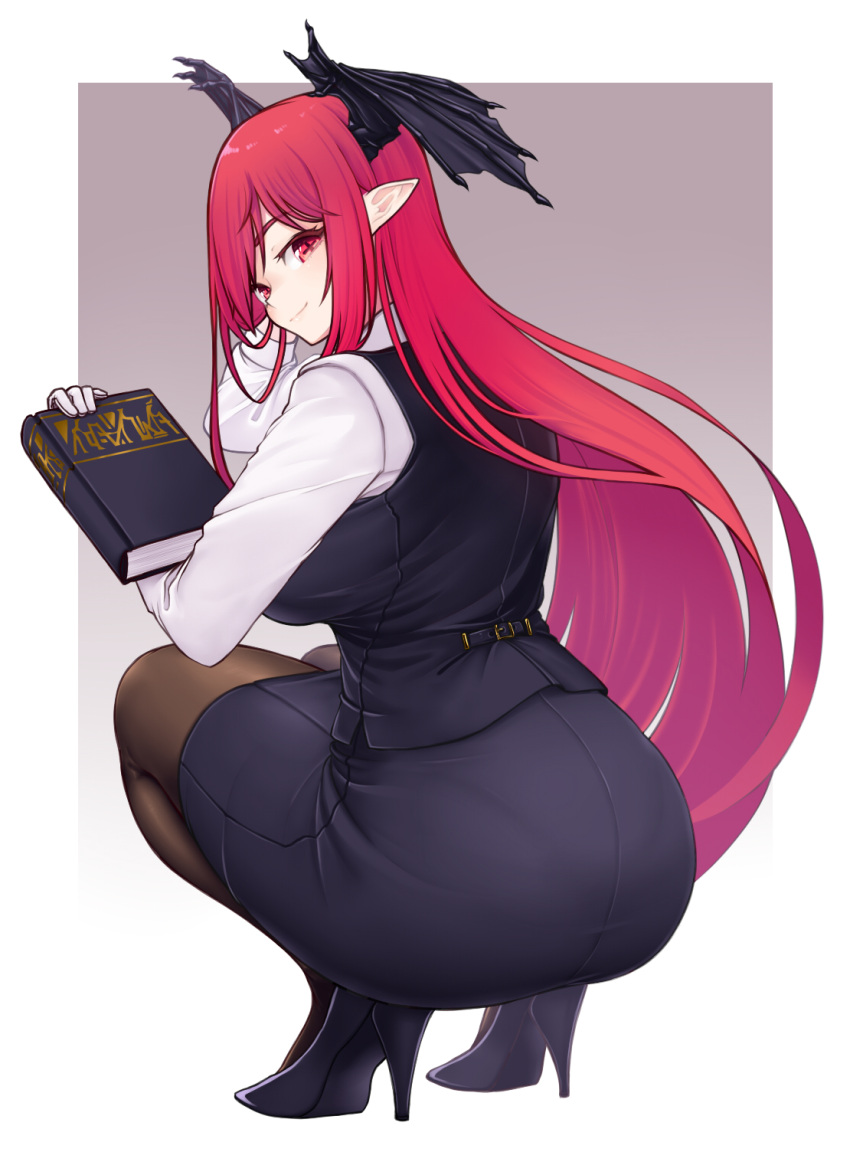 1girl ass bat_wings belt black_footwear black_skirt black_vest book breasts brown_legwear from_behind full_body gloves haiiro_gundan head_wings high_heels highres koakuma large_breasts long_hair long_sleeves looking_at_viewer looking_back pantyhose pointy_ears red_eyes red_hair shirt shoes skirt skirt_set smile solo squatting touhou vest white_gloves white_shirt wings