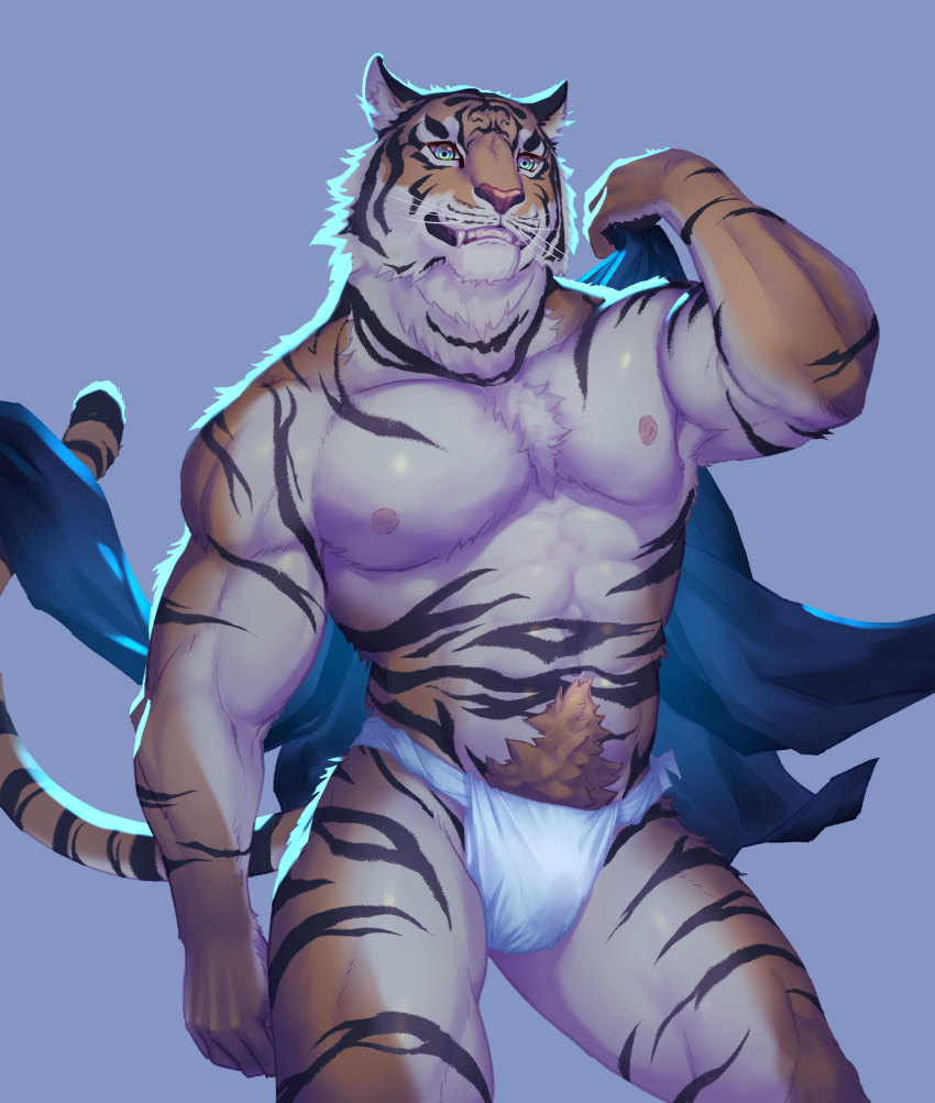 2020 abs anthro asian_clothing biceps black_stripes blue_eyes bulge chest_tuft clothed clothing east_asian_clothing fangs felid fundoshi fur hi_res japanese_clothing looking_at_viewer male mammal multicolored_body multicolored_fur muscular muscular_anthro muscular_male nipples open_mouth orange_body orange_fur pantherine pecs portrait pubes quads sharp_teeth simple_background solo sousukekera standing striped_body striped_fur stripes teeth three-quarter_portrait tiger triceps tuft two_tone_body two_tone_fur underwear underwear_only whiskers white_body white_fur