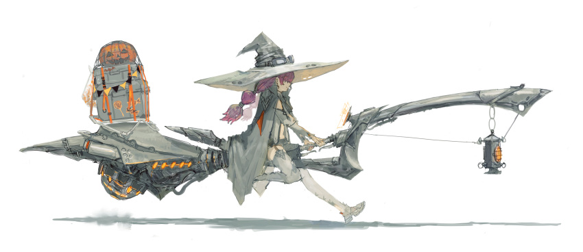 1girl absurdres box broom broom_riding chain cloak collared_cape commentary covered_eyes from_side garter_straps glowing goggles goggles_on_headwear grey_legwear hair_over_eyes halloween hat highres hover_bike jack-o'-lantern lantern large_hat long_hair mecha original ponytail purple_hair purple_nails shadow short_shorts shorts simple_background sketch smile solo thighhighs tomok1 white_background witch witch_hat