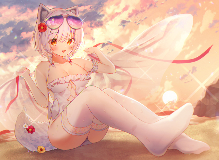 animal_ears clouds gyozanuko red:_pride_of_eden short_hair sky sunset tagme_(character) tail thighhighs