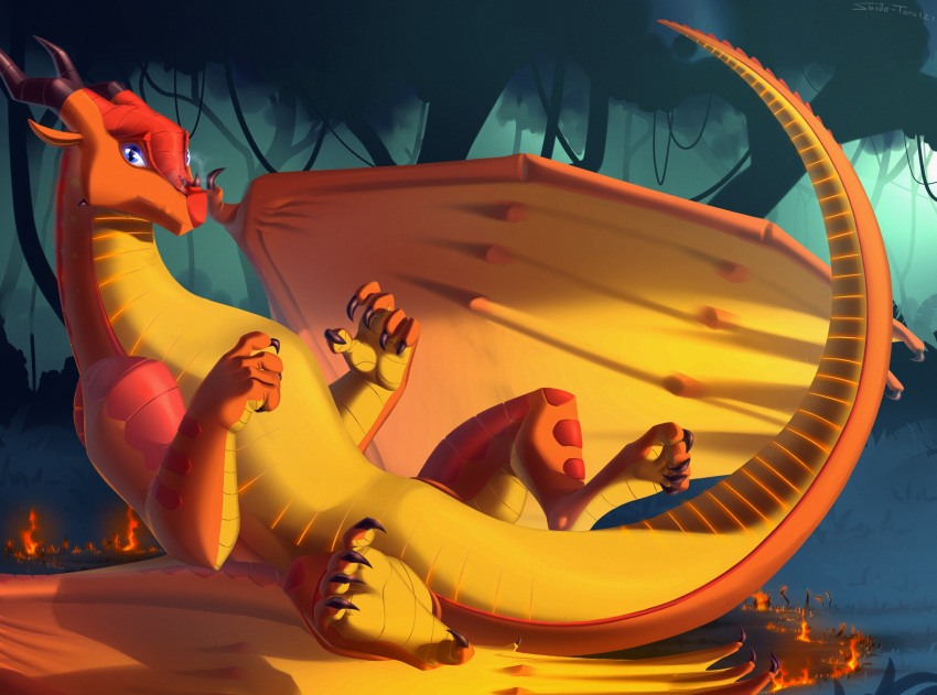 dragon female feral fire hi_res jungle looking_at_viewer lying_on_ground peril_(wof) raised_tail shido-tara skywing_(wof) solo spread_legs spreading wings_of_fire