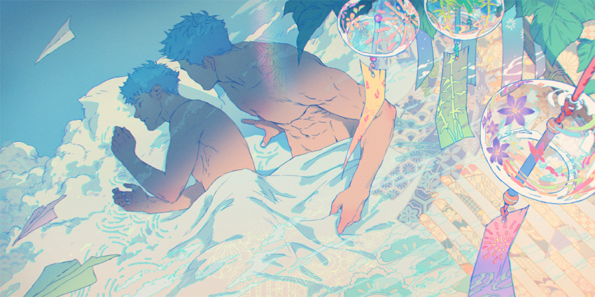 2boys abs bara bare_pecs bed_sheet blue_hair cherry_blossoms cloud cloudy_sky couple japanese_clothes kimono male_focus multiple_boys muscular navel nipples nude open_clothes open_kimono original paper_airplane pectorals penguin_frontier short_hair sky sleeping yaoi