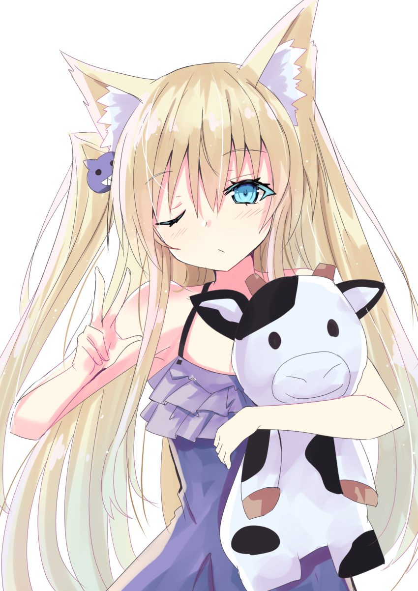 2girls animal_ear_fluff animal_ears bangs bare_arms bare_shoulders blonde_hair blue_dress blue_eyes blush closed_mouth commentary_request dress eyebrows_visible_through_hair frilled_dress frills hair_between_eyes hair_ornament highres hizaka long_hair looking_at_viewer multiple_girls object_hug one_eye_closed one_side_up original simple_background sleeveless sleeveless_dress stuffed_animal stuffed_cow stuffed_toy very_long_hair w white_background