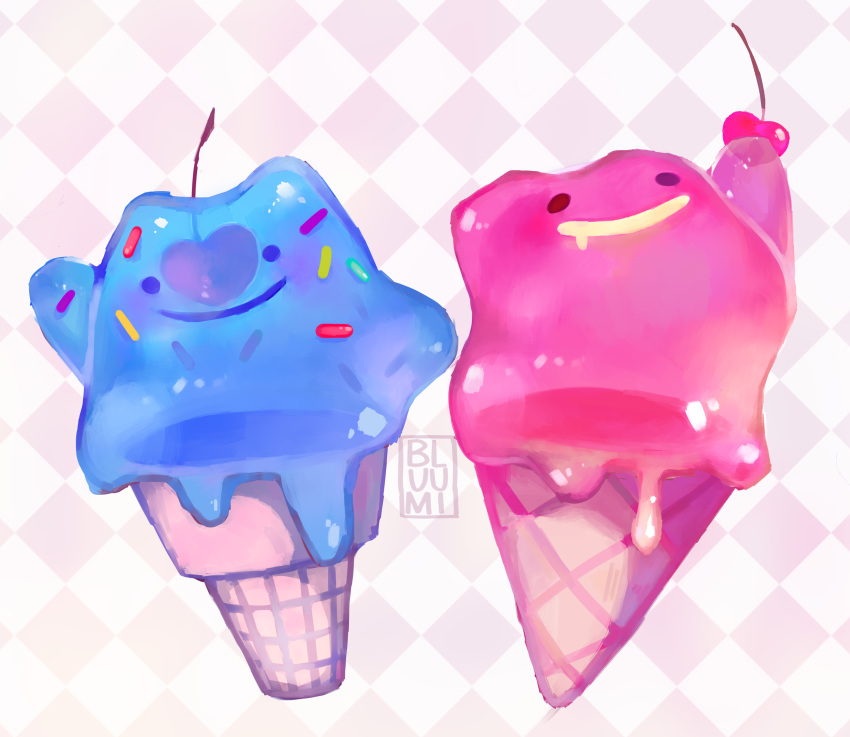 alternate_color bluumi checkered checkered_background closed_mouth commentary creature ditto english_commentary food full_body gen_1_pokemon highres ice_cream no_humans pokemon pokemon_(creature) shiny_and_normal shiny_pokemon signature smile sprinkles