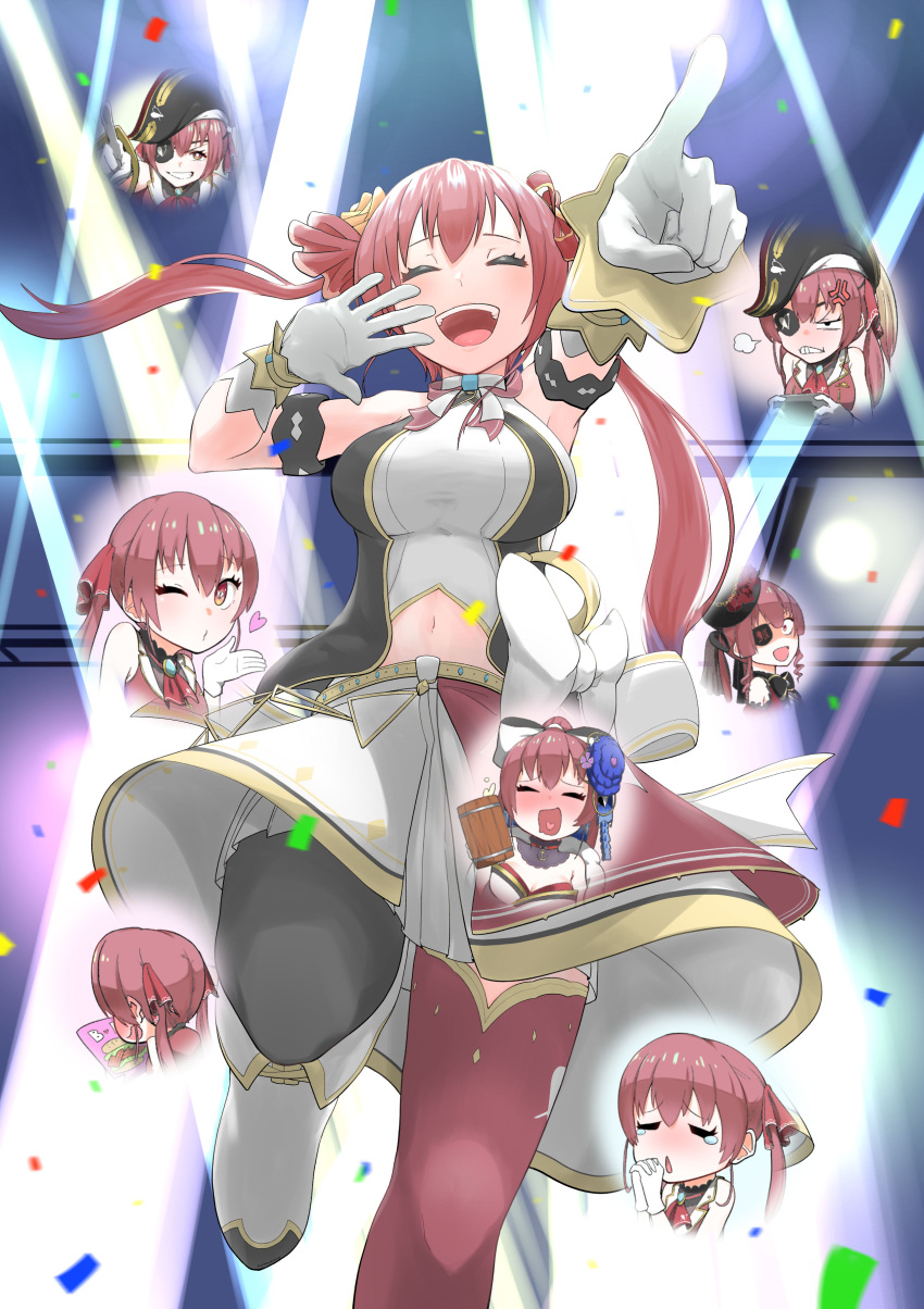 1girl absurdres anger_vein blown_kiss breasts eyepatch gloves gomesu_(gomes0343) hat highres hololive houshou_marine large_breasts midriff mismatched_legwear navel pirate_hat pointing red_eyes red_hair skirt spotlight tears twintails virtual_youtuber white_gloves