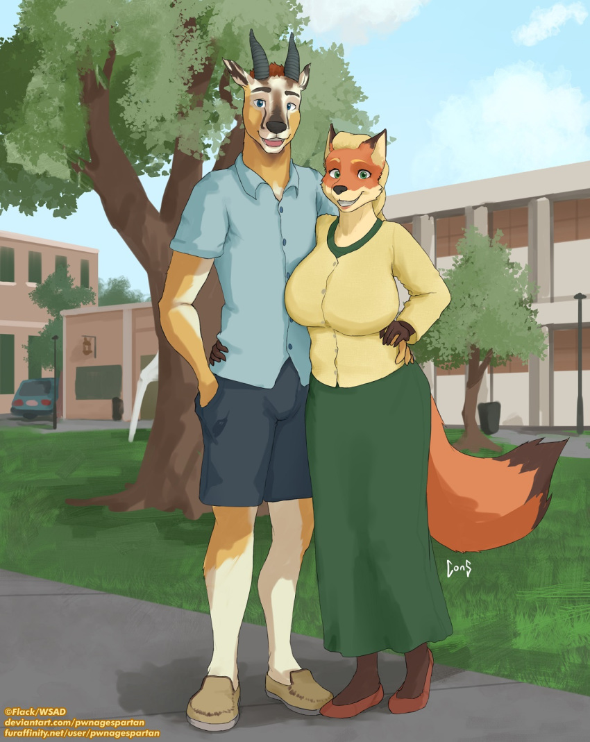 antelope anthro big_breasts blonde_hair blue_eyes bovid breasts brown_body brown_fur brown_hair building bulge canid canine car clothed clothing college college_student consigspartan duo equid equine female footwear fox fur gazelle gerry_(wsad) green_eyes hair hand_holding hi_res horn huge_breasts male male/female mammal plant school shoes sidewalk tabitha_(wsad) tree vehicle