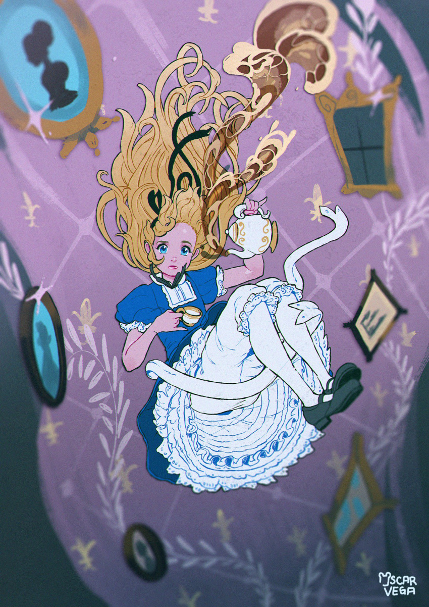 1girl alice_(wonderland) alice_in_wonderland black_footwear black_ribbon blonde_hair blue_dress blue_eyes cup derivative_work dress floating_hair hair_ribbon highres holding holding_cup knees_up long_hair open_mouth oskar_vega puffy_short_sleeves puffy_sleeves ribbon shoes short_sleeves signature solo teapot white_legwear