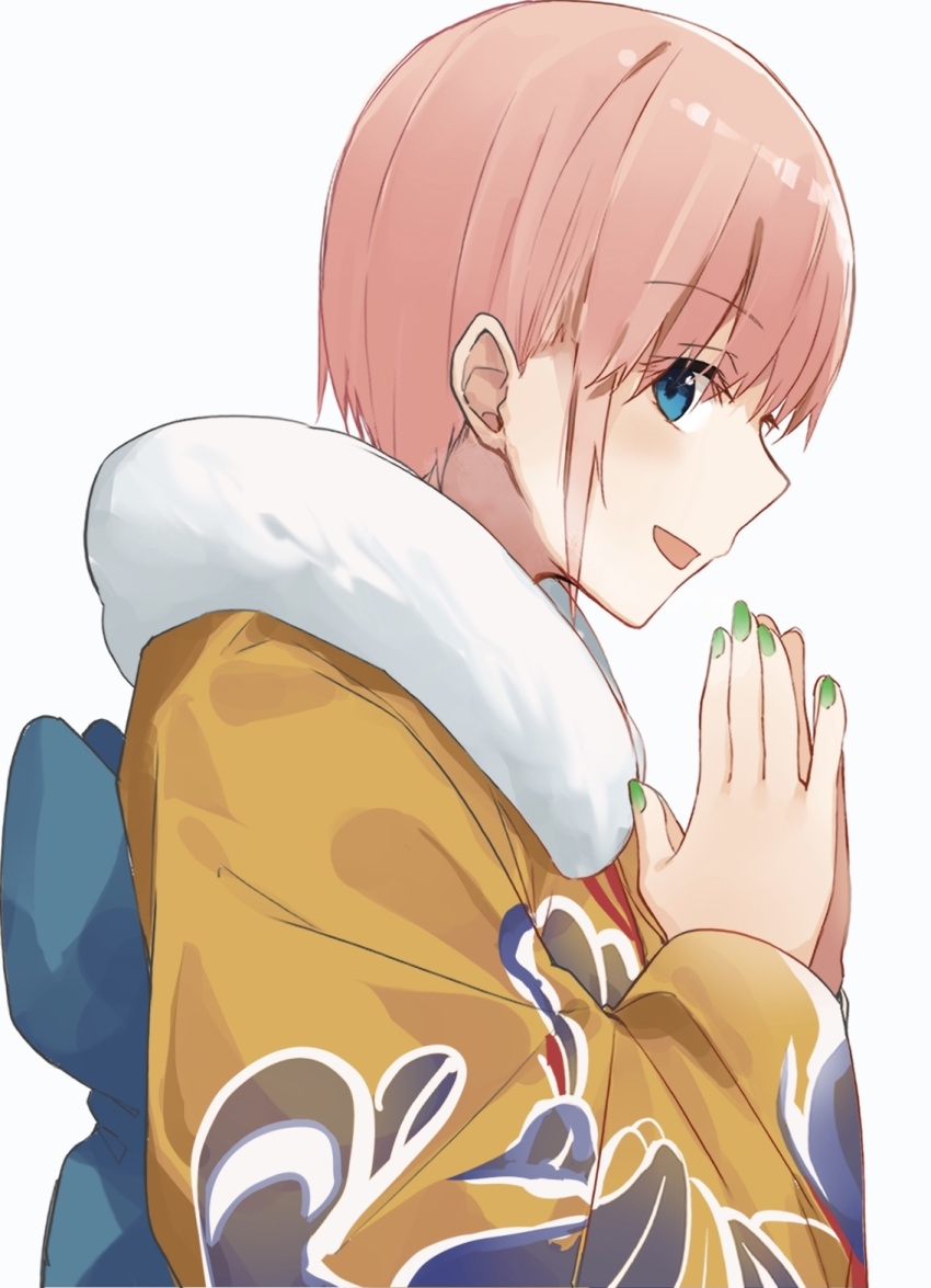 1girl :d back_bow bangs blue_bow blue_eyes bow eyebrows_visible_through_hair from_side fur-trimmed_kimono fur_trim go-toubun_no_hanayome green_nails hair_between_eyes highres japanese_clothes kimono kurokuro_illust looking_at_viewer looking_to_the_side nail_polish nakano_ichika open_mouth pink_hair print_kimono profile shiny shiny_hair short_hair simple_background smile solo upper_body white_background yellow_kimono yukata