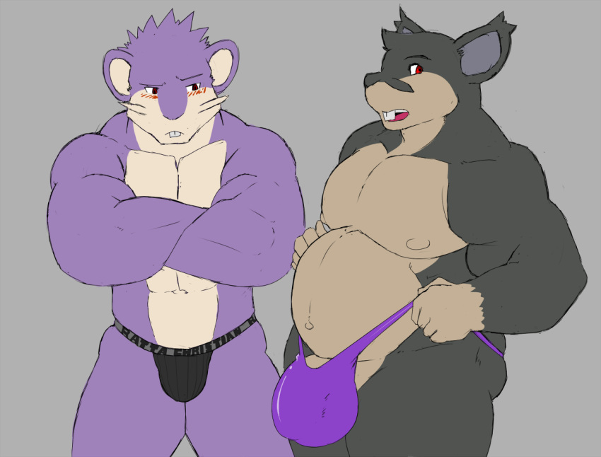 2016 abs alolan_rattata anthro barely_visible_genitalia barely_visible_penis belly big_bulge big_pecs black_body black_fur blush buckteeth bulge clothed clothing colored crossed_arms duo fur geng genital_outline genitals jockstrap looking_at_another looking_at_genitalia male mammal musclegut muscular muscular_anthro muscular_male navel nintendo overweight overweight_anthro overweight_male pecs penis penis_envy penis_outline pok&eacute;mon pok&eacute;mon_(species) purple_body purple_fur rattata red_eyes regional_form_(pok&eacute;mon) rodent shaded teeth thick_thighs thong underwear underwear_only video_games whiskers white_belly