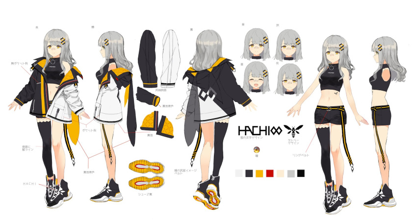 1girl :d bandaid bandaid_on_nose bare_arms bare_shoulders belt black_legwear black_shirt black_shorts breasts character_name character_sheet color_guide crop_top full_body grey_hair hachi_(live_union) hair_ornament highres honeycomb_(pattern) izumi_sai jacket live_union long_hair long_sleeves medium_breasts midriff mole mole_under_eye multiple_views navel off_shoulder open_clothes open_jacket open_mouth orange_eyes puffy_sleeves shirt shoes short_shorts shorts single_thighhigh sleeveless sleeveless_shirt smile sneakers stomach thighhighs thighs two-tone_jacket virtual_youtuber white_background