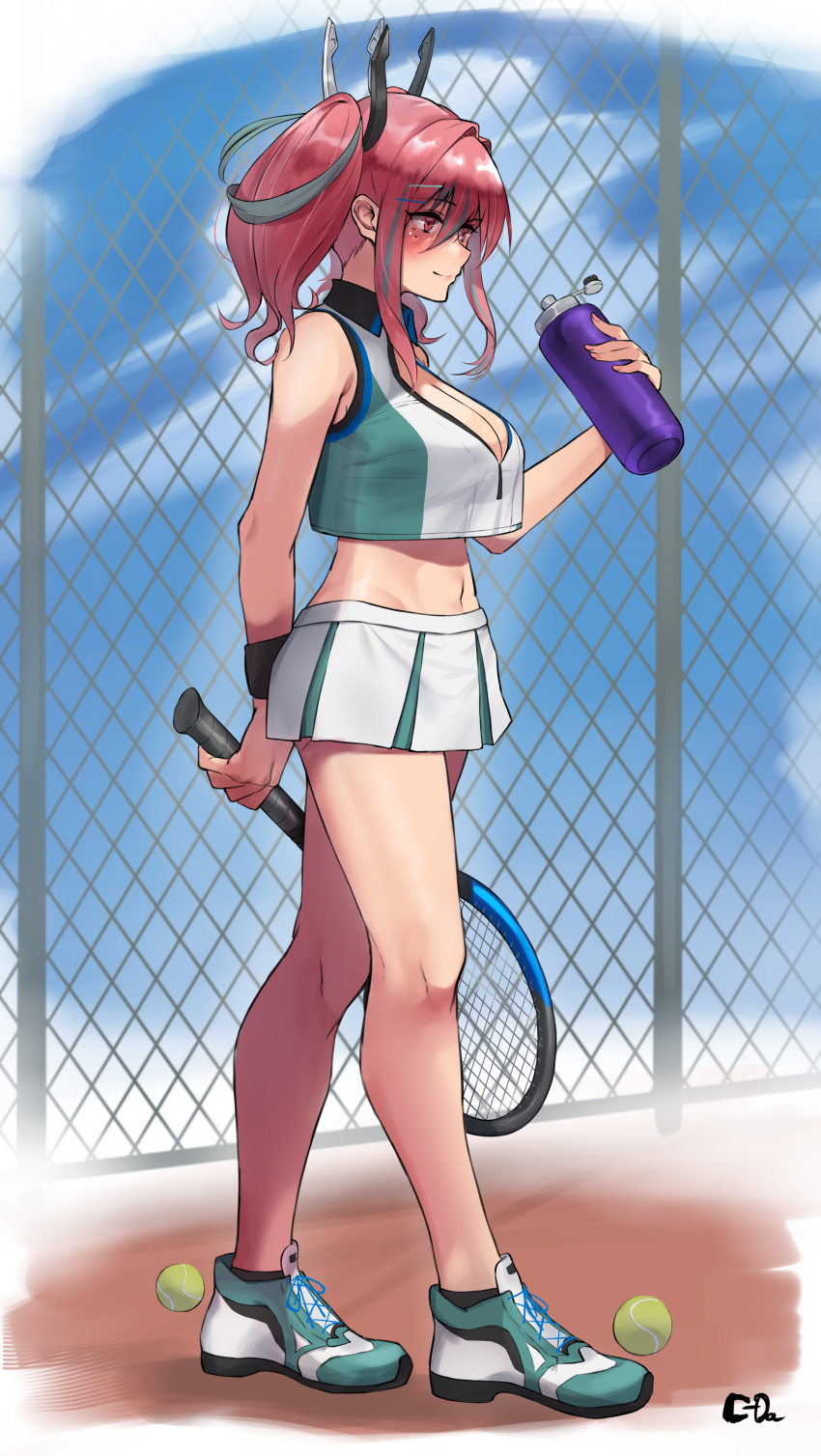 1girl absurdres artist_name azur_lane ball blue_sky bottle breasts bremerton_(azur_lane) bremerton_(scorching-hot_training)_(azur_lane) c-da chain-link_fence cleavage closed_mouth cloud cloudy_sky commentary_request crop_top crop_top_overhang fence from_side full_body hair_between_eyes hair_ornament highres holding holding_racket light_smile looking_away mole mole_under_eye multicolored_hair official_alternate_costume outdoors racket shirt signature sky sleeveless sleeveless_shirt sportswear standing streaked_hair tennis_ball tennis_racket tennis_uniform two-tone_shirt two-tone_skirt water_bottle x_hair_ornament