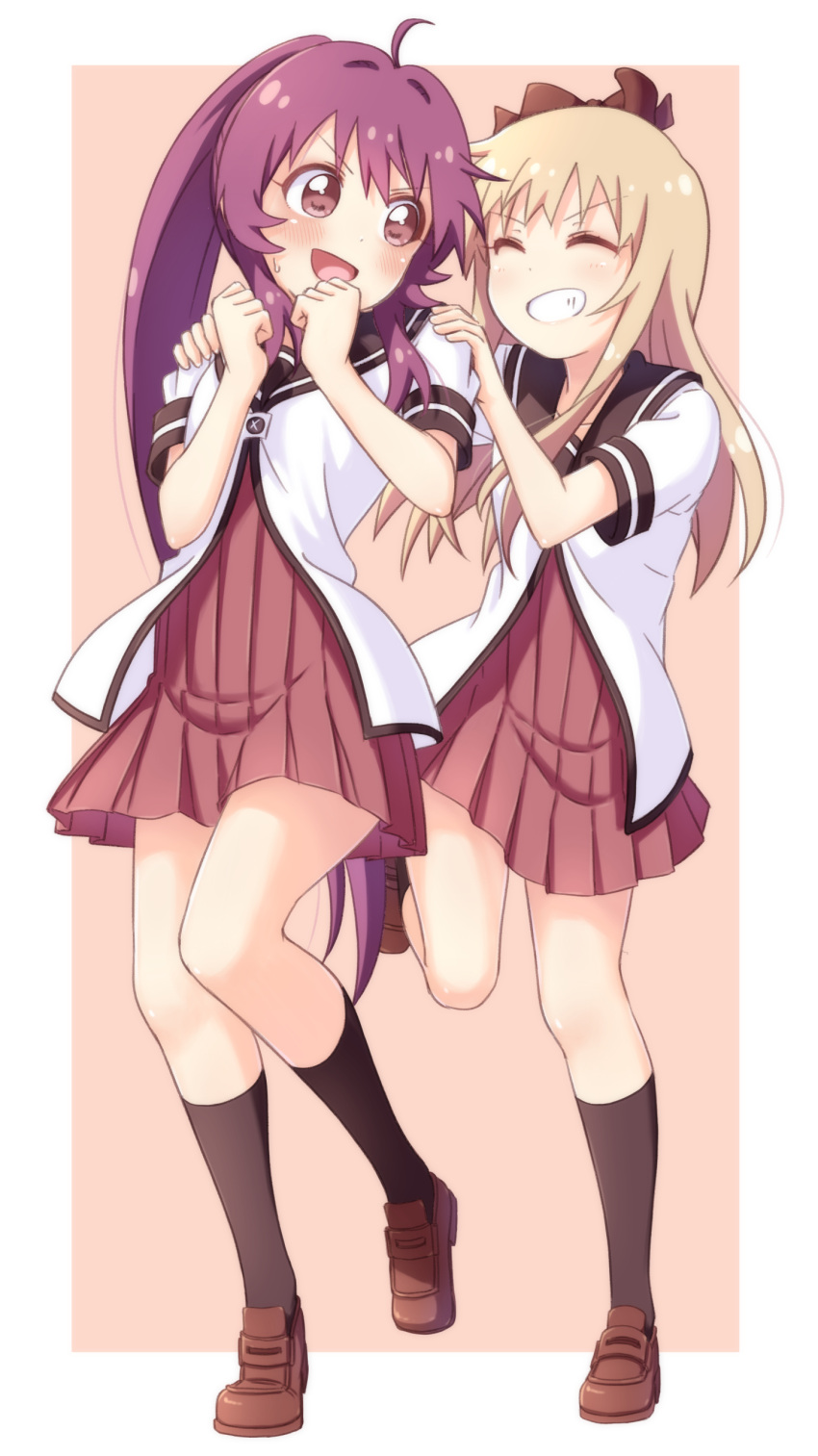 2girls ^_^ absurdres ahoge bangs black_legwear black_sailor_collar blonde_hair blush border bow brown_bow brown_footwear clenched_hands closed_eyes commentary dress eyebrows_visible_through_hair full_body grin hair_bow hands_on_another's_shoulders hands_up happy highres kneehighs leg_up long_hair looking_at_another multiple_girls nanamori_school_uniform nervous_smile open_mouth outside_border pink_background pleated_dress pontasu ponytail purple_eyes purple_hair red_dress sailor_collar sailor_dress school_uniform serafuku shirt shoes short_sleeves simple_background smile standing standing_on_one_leg sugiura_ayano sweatdrop teeth toshinou_kyouko very_long_hair white_border white_shirt yuru_yuri