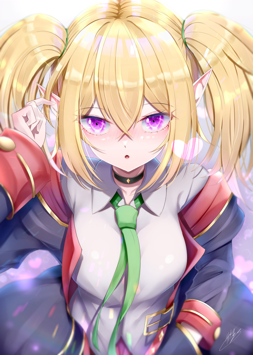 1girl :o absurdres bangs black_choker blonde_hair blush bow bowtie breasts chloe_(princess_connect!) choker collared_shirt eyebrows_visible_through_hair green_neckwear grey_shirt hair_between_eyes hand_on_own_face hand_up highres holding holding_ears jacket large_breasts long_sleeves looking_at_viewer medium_hair open_clothes parted_lips pointy_ears princess_connect! princess_connect!_re:dive purple_eyes shirt signature solo takemura-kou0606 twintails