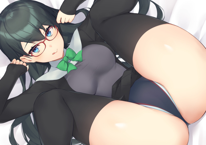 1girl black_hair blue_eyes competition_swimsuit eyebrows_visible_through_hair glasses hair_between_eyes licking_lips long_hair lying on_back one-piece_swimsuit original p!nta red-framed_eyewear spread_legs swimsuit thighhighs tongue tongue_out