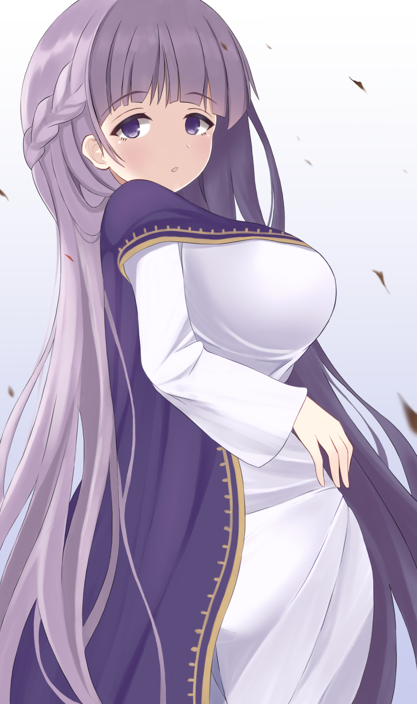 1girl absurdly_long_hair blush breasts cloak dress fire_emblem fire_emblem:_the_binding_blade fire_emblem_heroes highres huge_breasts kocha_(jgug7553) long_hair long_sleeves looking_at_viewer purple_cloak purple_eyes purple_hair silver_background simple_background solo sophia_(fire_emblem) very_long_hair white_dress