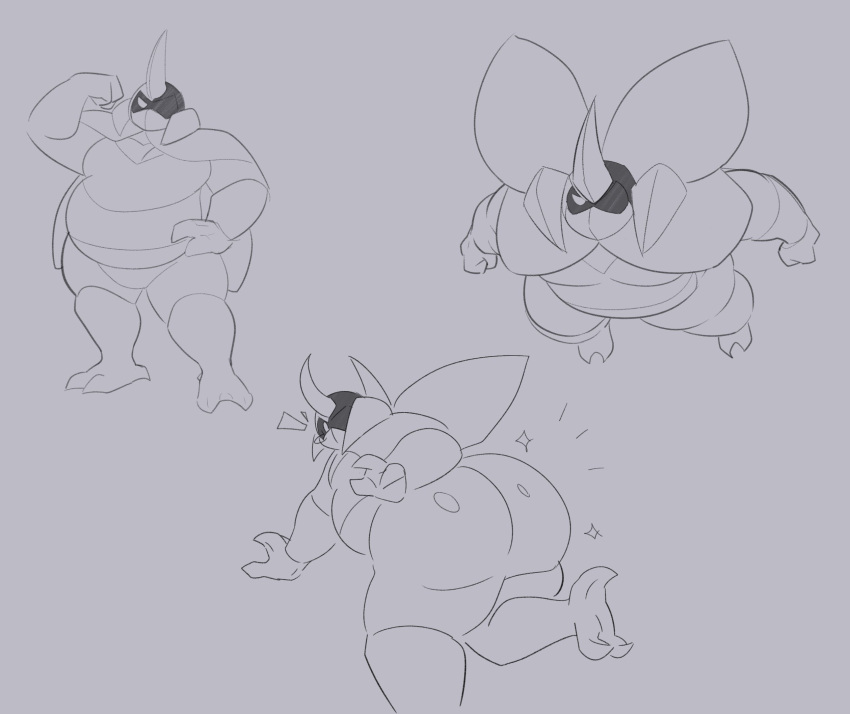 anthro arthropod beetle belly big_butt bug_fables butt chubby_male hi_res horn insect insect_wings kabbu_(bug_fables) male monochrome moonsprout_games redeyedgazer slightly_chubby solo spread_wings thick_thighs video_games wings