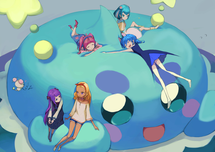 5girls :d =_= ^_^ ahoge amamiya_erena animal_ear_fluff animal_ears antennae aqua_dress aqua_hair bangs bean_bag_chair blonde_hair blouse blue_dress blue_eyes blue_hair blue_hairband blue_legwear blue_overalls blue_sailor_collar blue_shorts blunt_bangs blunt_ends bow braid cat_ears cat_tail choker closed_eyes closed_mouth commentary_request dark_skin dark_skinned_female denim denim_shorts drawing dress eyebrows_visible_through_hair from_above fuwa_(precure) grey_background hagoromo_lala hair_bobbles hair_bow hair_ornament hair_ribbon hairband heart heart_hair_ornament hoshina_hikaru jacket kaguya_madoka leg_up long_hair long_sleeves looking_at_another loose_socks lying muji_body_fitting_sofa multicolored_hair multiple_girls on_stomach open_mouth orange_blouse orange_legwear pink_hair pink_legwear pointy_ears precure prunce_(precure) purple_bow purple_choker purple_eyes purple_hair red_hairband red_ribbon ribbon rony sailor_collar shirt short_hair shorts simple_background single_stripe sitting sleeveless sleeveless_dress smile socks star_(symbol) star_print star_twinkle_precure streaked_hair striped striped_dress sweatdrop tail thighhighs twin_braids twintails white_blouse white_dress white_hair white_legwear white_shirt yellow_jacket yellow_legwear yuni_(precure)