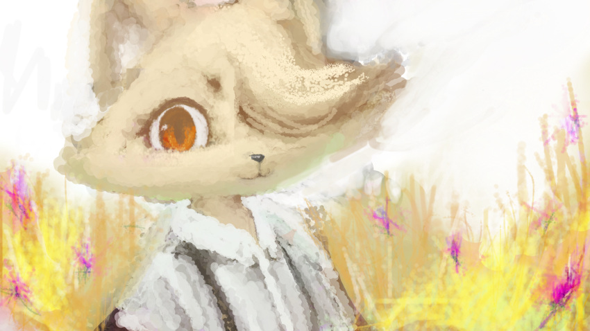 16:9 anthro bangs black_nose canid canine clothed clothing female fur hasukii_mikami hi_res hooki looking_at_viewer mammal one_eye_obstructed orange_eyes plant solo unfinished white_inner_ear white_sky widescreen yellow_body yellow_fur