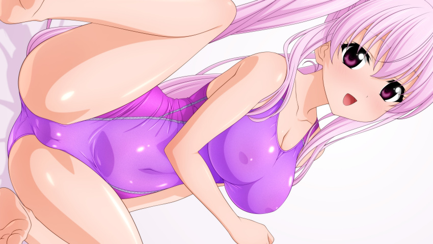 1girl absurdres cameltoe competition_swimsuit covered_nipples highres long_hair looking_at_viewer one-piece_swimsuit open_mouth original purple_eyes purple_hair purple_swimsuit sideways simple_background smile solo spread_legs sugimura_tomokazu swimsuit twintails white_background