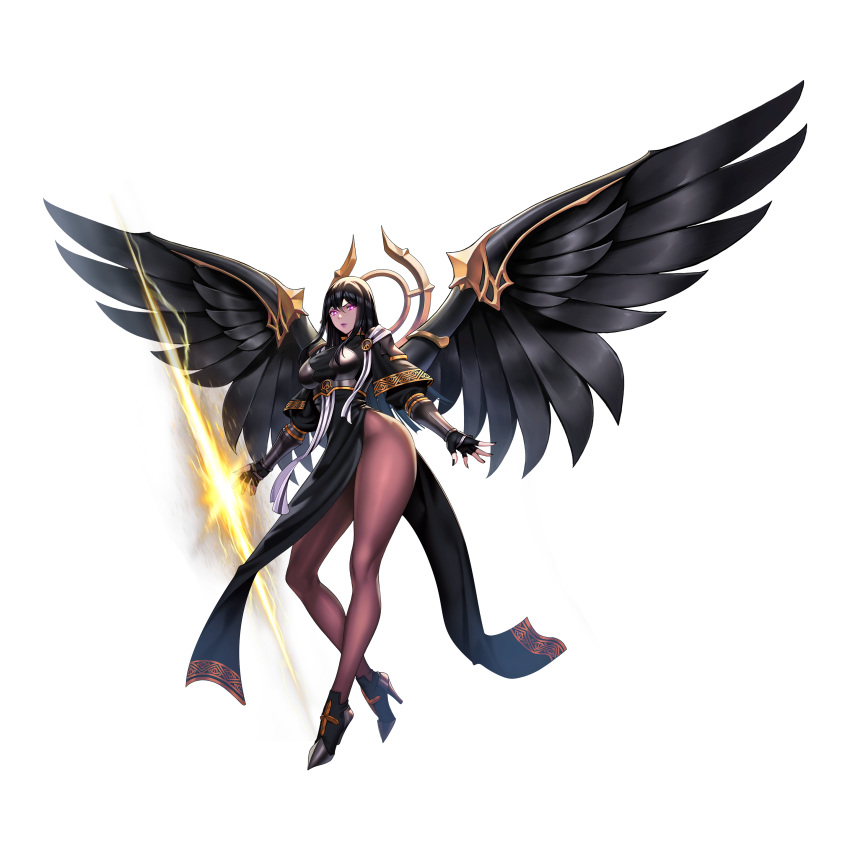 1girl absurdres ankle_boots black_dress boots breasts brown_legwear choney dress fingerless_gloves full_body gloves hair_between_eyes highres large_breasts last_origin long_hair looking_at_viewer official_art pantyhose pelvic_curtain purple_eyes saraqael_(last_origin) solo tachi-e wings