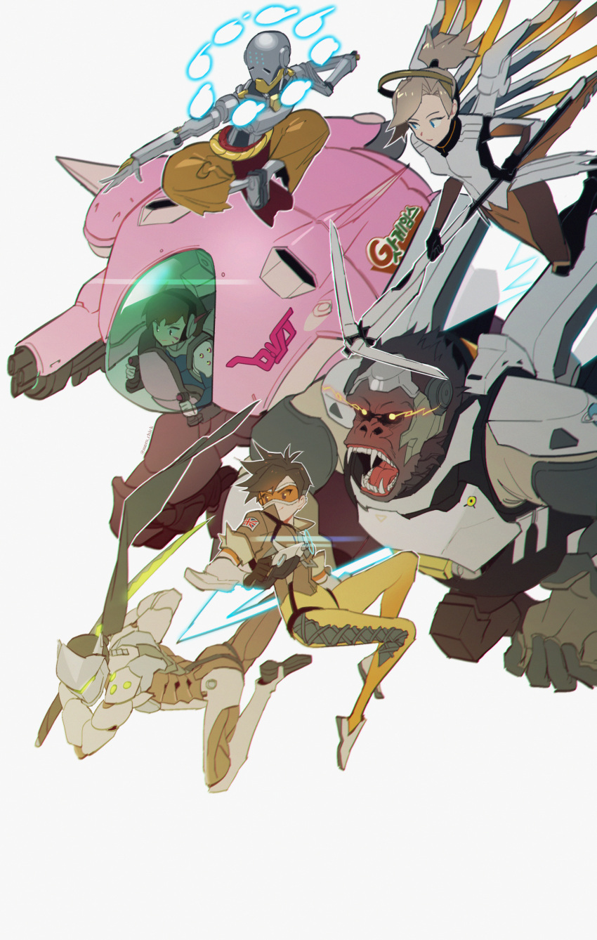 3boys 3girls absurdres armor attack bangs black_gloves black_hair blonde_hair blue_eyes bodysuit bomber_jacket breasts brown_eyes brown_hair brown_jacket brown_pants character_name chest_harness closed_mouth cyborg d.va_(overwatch) english_commentary facepaint facial_mark floating from_side genji_(overwatch) gloves goggles gorilla gun handgun harness headphones helmet high_ponytail highres holding holding_gun holding_staff holding_sword holding_weapon humanoid_robot indian_style jacket katana korean_text lips long_hair looking_away maro_(lij512) mask mecha mechanical_halo mechanical_wings meka_(overwatch) mercy_(overwatch) monk multiple_boys multiple_girls omnic open_mouth orb overwatch pants ponytail power_armor rage_face robot short_hair simple_background sitting smile spiked_hair staff swept_bangs sword tracer_(overwatch) union_jack weapon whisker_markings white_background white_footwear white_gloves wings winston_(overwatch) yellow_bodysuit zenyatta_(overwatch)