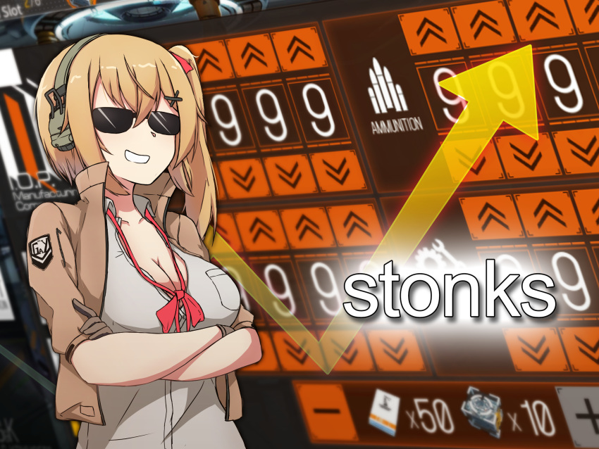 1girl bangs breasts brown_gloves brown_vest cleavage collarbone english_commentary girls_frontline gloves grey_shirt grin hair_between_eyes hair_ornament hair_ribbon headphones highres kalina_(girls_frontline) large_breasts long_hair meme orange_hair ribbon shirt smile solo stonks sunglasses upper_body vest xandier59