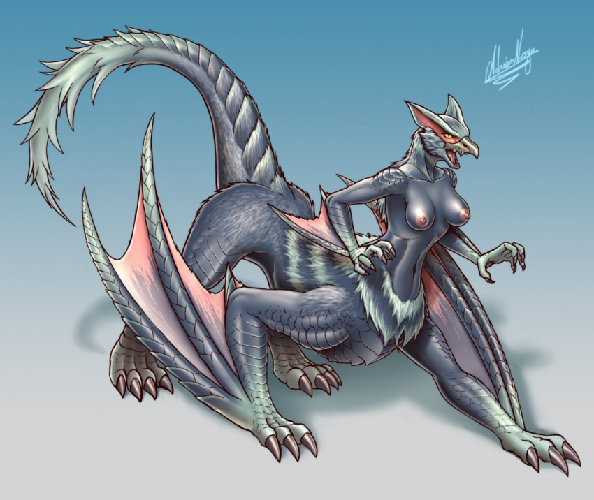 anthro beak blue_body breasts capcom claws dragon fanged_wyvern female flying_wyvern growingdragon membrane_(anatomy) membranous_wings monster_hunter nails nargacuga nipples nude open_mouth pupils scalie slit_pupils solo taur video_games wings yellow_eyes