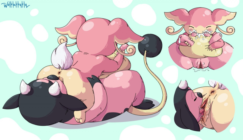 2020 anus audino blush bodily_fluids bovid bovine cunnilingus duo eyes_closed female female/female feral fur genital_fluids holding_udders horn lactating licking mammal miltank nintendo nipple_grab oral pink_body pink_fur pok&eacute;mon pok&eacute;mon_(species) pussy_juice scut_tail sex simple_background slightly_chubby teats tongue tongue_out udder_nursing udders vaginal video_games white_background wolfluffyfly